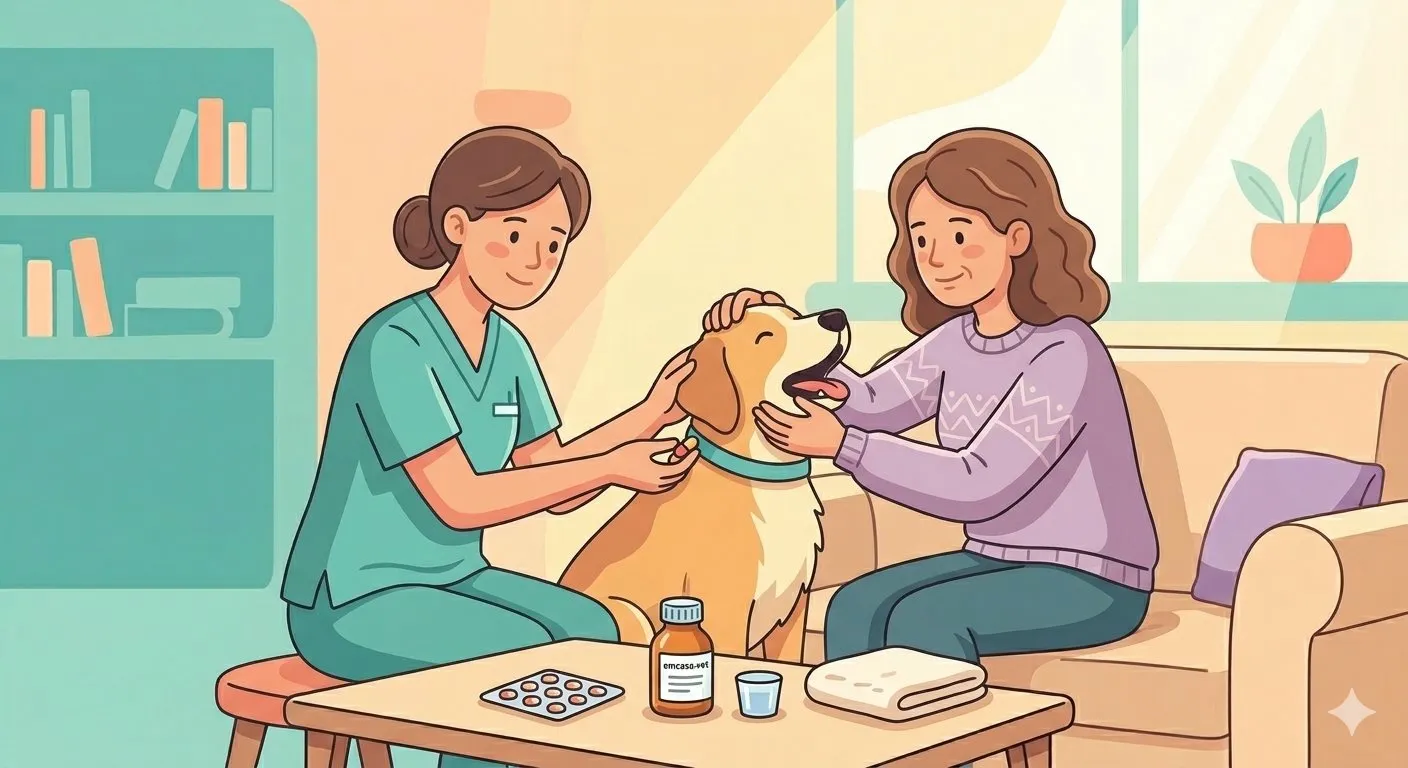 Veterinária orientando tutor idoso sobre medicação do cachorro em casa