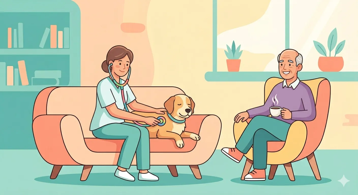 Veterinária ausculando cachorro tranquilo no sofá com tutor idoso presente