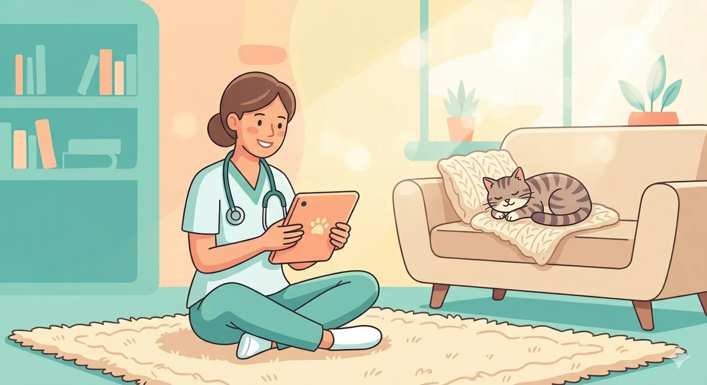 Veterinária observando gato no próprio ambiente doméstico