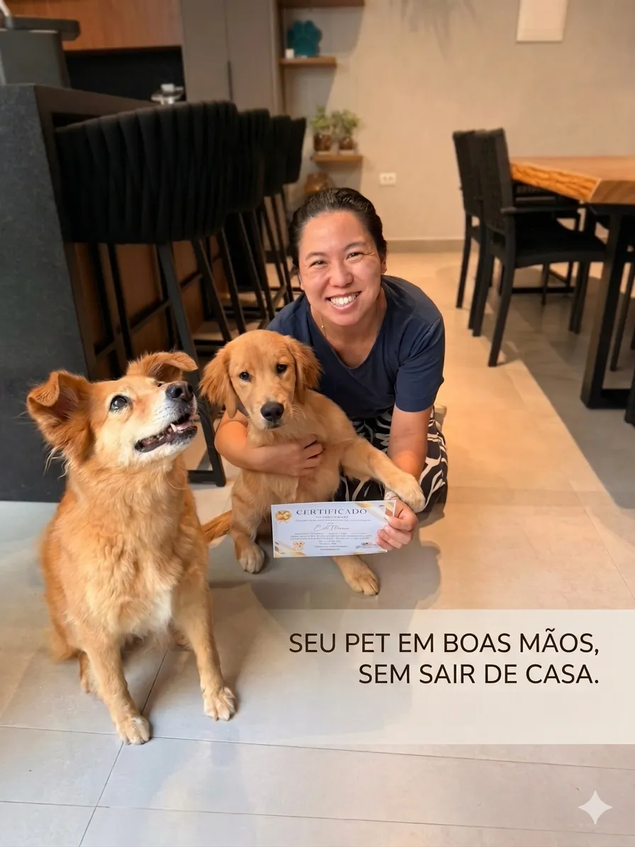 Vanessa Okamura, veterinária domiciliar, com seus pacientes em casa