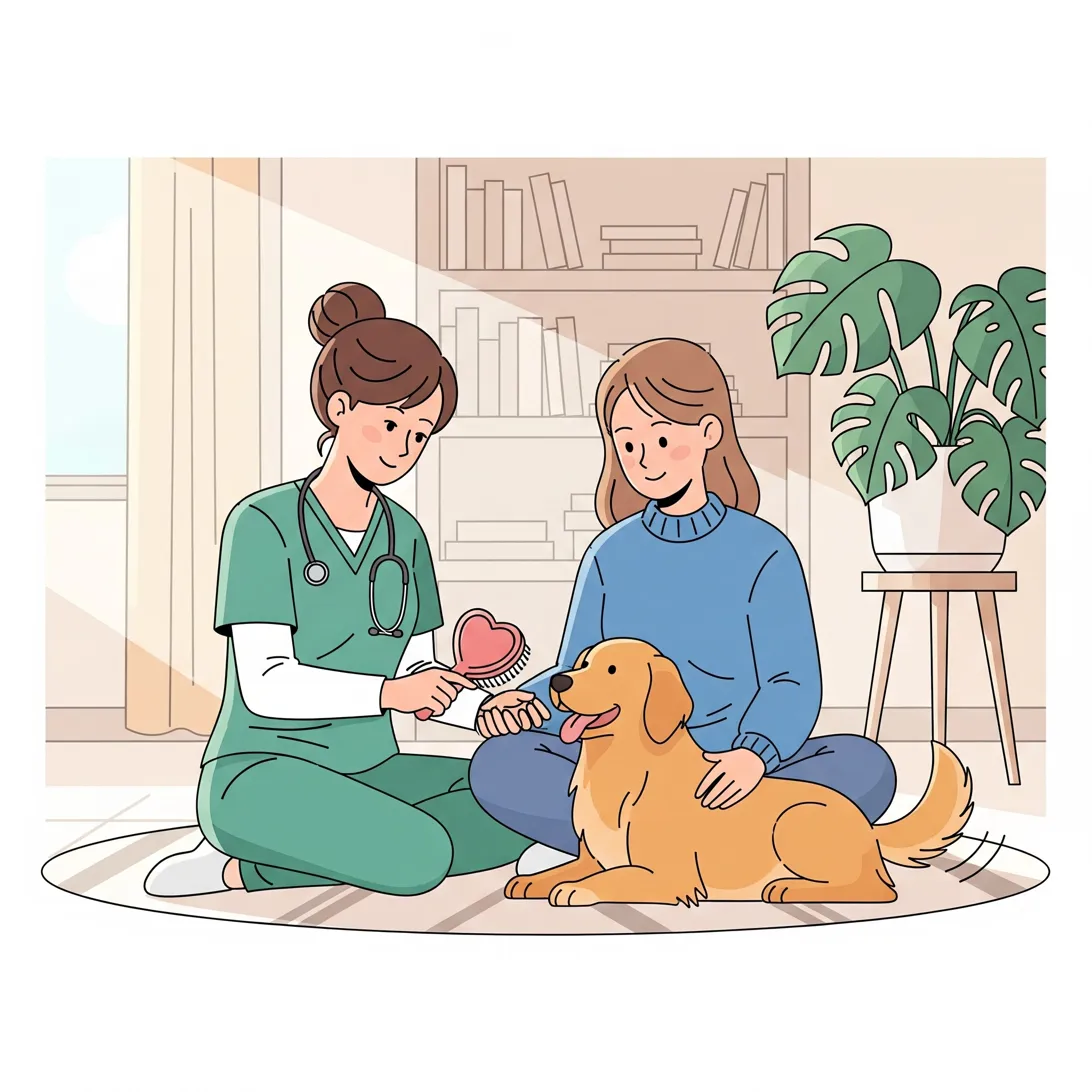 Veterinária e tutora cuidando de golden retriever juntas em casa